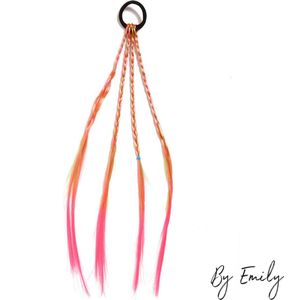 By Emily - Haarelastiek met 4 lange vlechtjes | Oranje / Roze | Haarsieraad | Vlechtjes | Synthetische haren | Extensions | Haarsieraad | Gratis verzending