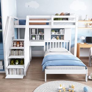 Sweiko Stapelbed - 90*200cm - opbergfunctie - bureau + plank - zonder matras - Wit