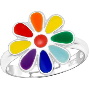 Joy|S - Zilveren bloem ring - verstelbaar - multicolor - voor kinderen