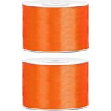 2x Hobby/decoratie oranje satijnen sierlinten 5 cm/50 mm x 25 meter - Cadeaulint satijnlint/ribbon - Oranje linten - Hobbymateriaal benodigdheden - Verpakkingsmaterialen