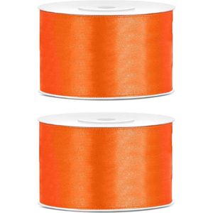 2x Hobby/decoratie oranje satijnen sierlinten 3,8 cm/38 mm x 25 meter - Cadeaulint satijnlint/ribbon - Oranje linten - Hobbymateriaal benodigdheden - Verpakkingsmaterialen