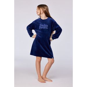 Woody slaapkleed meisjes/dames velours - donkerblauw - 'Calm down' - 252-10-YDE-V/897 - maat 164