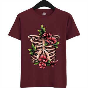 Blooming Bones Ribcage - Halloween Ribbenkast Dames / Heren Unisex T-shirt - Grappig Kostuum Shirt Idee Volwassenen - T-Shirt - Unisex - Burgundy - Maat L