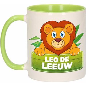 1x Leo de Leeuw beker / mok - groen met wit - 300 ml keramiek - leeuwen bekers