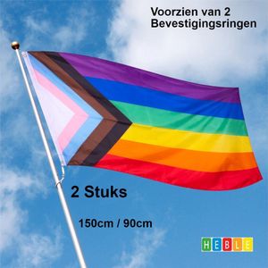 *** 2x Grote Progress Pride Vlag 90x150cm - Vlag Regenboog LGBTQ+ Pride Vlag - van Heble® ***