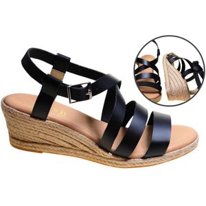 Stravers - Zwarte Espadrilles Sandalen kruisband met Sleehak Maat 43 Espadrilles Dames Grote Maten