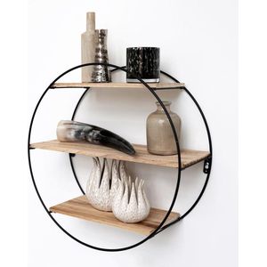 Zwart Metalen Wandrek Industrieel met 3 Houten Plankjes - Rond - 50x19 cm