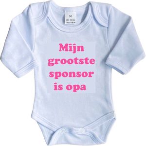 La Petite Couronne Romper Lange Mouw ""Mijn grootste sponsor is opa"" Meisjes Katoen Wit/roze Maat 62