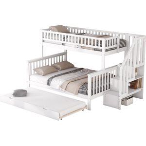 Merax Stapelbed 90x200 cm en 140x200 cm met Extra Uitschuifbaar Bed 90x190 - Kinderbed met Opbergruimte - Wit