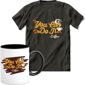 T-Shirtknaller T-Shirt met Koffiemok | You Can Do It! - Coffee - Koffie Kleding | Heren / Dames Shirt met Mok Cadeau | Kleur grijs | Maat L