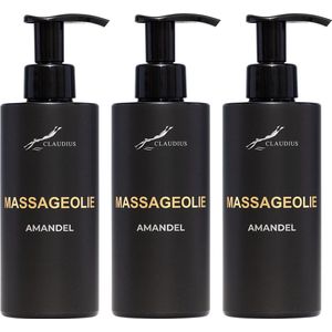 Massageolie Amandelolie 300 ml - met pomp - zwarte fles - 100% natuurlijk - biologisch en koud geperst - set van 3 stuks - Voordeelverpakking