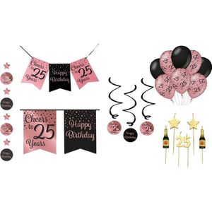 25 Versiering Rose Goud Feest pakket - Verjaardag 25 Jaar - Ballonnen Slinger Rosé gold - happy birthday Gouden kaarsjes Birthday