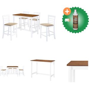 vidaXL Bartafel- en barstoelenset massief hout bruin en wit 5-delig - Set tafel en stoelen - Inclusief Houtreiniger en verfrisser