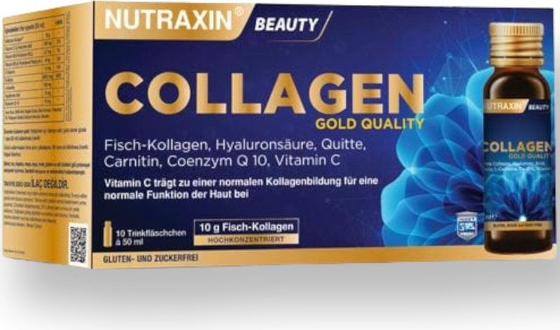 Nutraxin Gold Collageen Beauty Shots Plus 10000 mg 10 x 50 ml Shot (Vis collageen, Hyaluronzuur, Quitte, Carnitine, Co-enzym Q 10, Vitamine C) - Herbal - Bio - vis collageen - Collageen Supplement - collageen