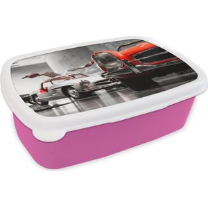 Broodtrommel Roze - Lunchbox - Brooddoos - Auto - Mercedes - Garage - 18x12x6 cm - Kinderen - Meisje