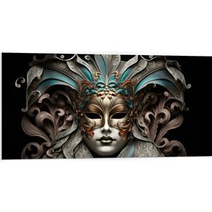PVC Schuimplaat- Wit Venetiaanse carnavals Masker met Blauwe en Gouden Details tegen Zwarte Achtergrond - 100x50 cm Foto op PVC Schuimplaat