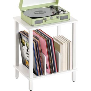 Platenspeler standaard, 2 niveaus, vinylplaten, bijzettafel, opslag van grammofoonplaten, tot 100 albums, platenrek met scheidingswanden, voor woonkamer, wit