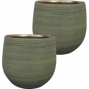 Steege Plantenpot/bloempot - 2x - keramiek - donkergroen stripes relief - D26/H25 cm
