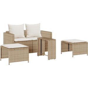 vidaXL - 5-delige - Tuinbankstel - met - kussens - stapelbaar - beige - poly - rattan