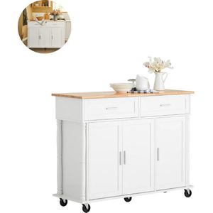 Keukeneiland - Verplaatsbaar - Keukenkast - Dressoir - Organizer - Kasten - Houten Werkblad - 3 Deure - 2 Laden - Wit