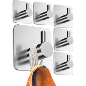 Zelfklevende haken set van 6 - Roestvrijstalen sterke haken voor badkamer en keuken