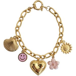 Armband - Bedelarmband - RVS - Gold Plated - Luxe - Smiley - Bloem
