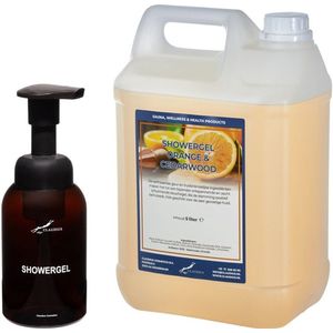 Zeepdispenser 300 ml amber bruin hervulbaar + 5 liter Showergel Sweet Orange & Cedarwood navulling
