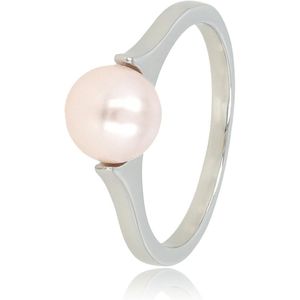 My Bendel Ring zilverkleurig met grote roze parel - Zilverkleurige aanschuifring met grote roze parel - Met luxe cadeauverpakking