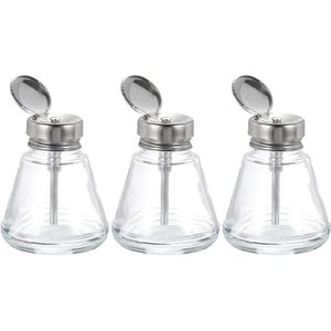 3 stuks glazen pompdispenser 100 ml - vierkante vloeistofpomp voor make-up remover en alcohol - alcoholhouder met metalen klep