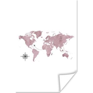 Poster Wereldkaart - Roze - Vliegtuig - 60x90 cm