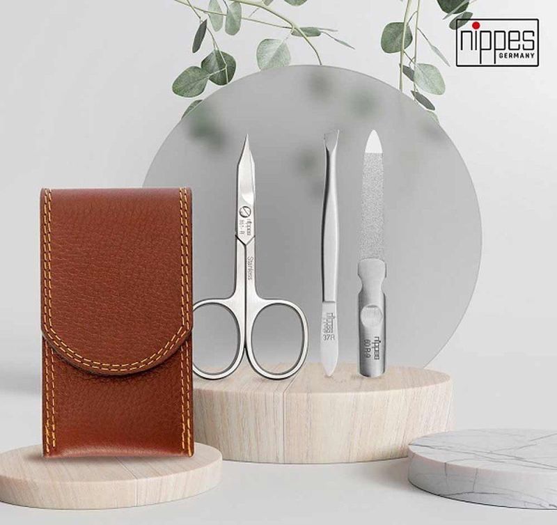 Manicure Set - Bruin - Leer - 3-delig roestvrij staal