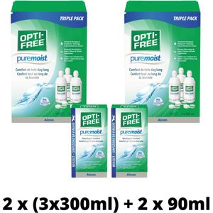 OptiFree - Puremoist - Lenzenvloeistof - 2x Voordeelpak - 3x 300ml + 3 Lenshouders + Gratis Reisverpakking 2x 90ml