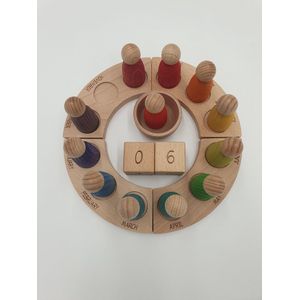 Houten kalender met poppetjes - Engelstalig - Regenboog kleuren - 12 poppetjes - Open einde speelgoed - Educatief montessori speelgoed - Grapat en Grimms style