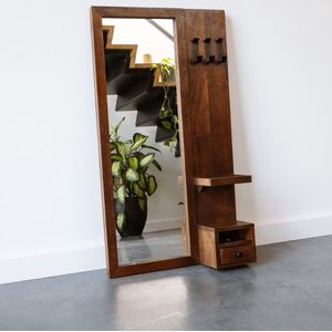 Industriële Spiegel Mangohout (108x60cm) - Spiegel Staand - Wandspiegel Rechthoek Industrieel met Plank - Passpiegel Staand Modern Hout - Staande Spiegel met Plank - Donkerbruin