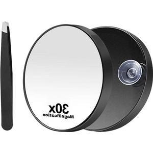 LOUZIR - Vergrootspiegel Set - Zwart - 30x Vergroting - Pincet Epileer - Reisspiegel - Mini Make Up Spiegel