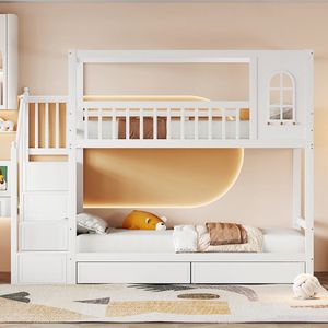 Pugsdrly Stapelbed kinderbed 90*200 cm, massief houten tweepersoonsbed, huisvorm met ramen, veiligheidshek, met opberglades en veiligheidsladder, jongens-meisjesbed, tienerbed, wit