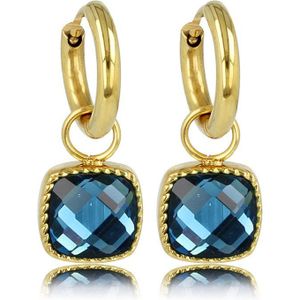 Stijlvolle gouden oorring met blauwe glassteen 30 mm - Gouden oorringen met vierkante blauwe glassteen - Met luxe cadeauverpakking
