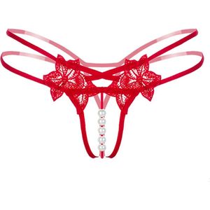Sexy String met Parels - Kralen - Rood - Erotisch Design met Bloemen - One Size String - Dames Onderbroek Open Kruis - Lingerie / Ondergoed