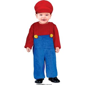 Guirca - Italiaanse Loodgieter Bros Kostuum - Super Kleine Mario Kind Kostuum - Blauw, Rood - 1 - 2 jaar - Carnavalskleding - Verkleedkleding