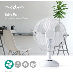 Nedis Tafelventilator - Netvoeding - Diameter: 300 mm - 35 W - Zwenkfunctie - 3 Snelheden - Wit