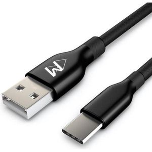 USB-C Data- en Laadkabel - 2.4A Snellader Kabel - Fast en Quick Charge Oplaadkabel - Type C Naar USB-A - Oplaadsnoer Telefoon - Laptop - Gevlochten Nylon – Zwart – 1 Meter - Wilsem ®