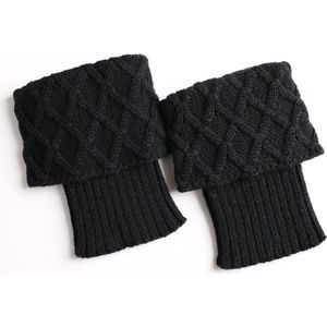 2 paar damesmode gebreide laarzen sokken - winter gehaakte beenwarmers - gebreide wollen beenwarmers - korte omslag ruitvormige mesh warme sokken - wit+zwart - 15cm