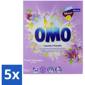 5 x Omo - Waspoeder - Lavendel & Mint - 5 kg - 100 Wasbeurten - Vlekken Verwijderen - Wasgoed - Wasbeurt - Wasmachine - Voorlader
