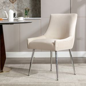 Sweiko Eetkamerstoel met verticale strepen, gestoffeerde fauteuil, metalen been stoel met metalen handvat, slaapkamer woonkamer stoel, beige