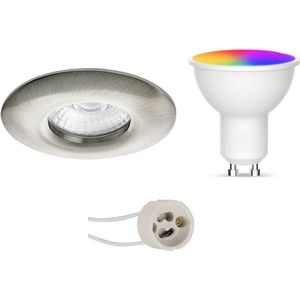 LED Spot Set GU10 - Facto - Smart LED - Wifi LED - Slimme LED - 5W - RGB+CCT - Aanpasbare Kleur - Dimbaar - Afstandsbediening - Pragmi Luno Pro - Waterdicht IP65 - Inbouw Rond - Mat Nikkel - Ø82mm