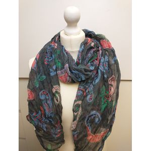 Lange dames sjaal Birgit fantasiemotief grijs roze groen blauw zwart fuchsia