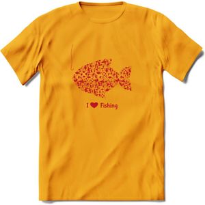 I Love Fishing - Vissen T-Shirt | Rood | Grappig Verjaardag Vis Hobby Cadeau Shirt | Dames - Heren - Unisex | Tshirt Hengelsport Kleding Kado - Geel - XL