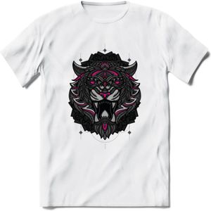 Tijger - Dieren Mandala T-Shirt | Roze | Grappig Verjaardag Zentangle Dierenkop Cadeau Shirt | Dames - Heren - Unisex | Wildlife Tshirt Kleding Kado | - Wit - L