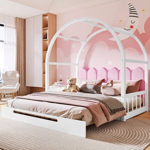 Sweiko Uitbreidbaar Gebogen Dakbed, Schuifbed, Kinderbed, Slaapbank, Tweepersoonsbed, Fluwelen kussen, dennenframe, Wit+Roze (140x100cm en 140x200cm)(Geen matras)