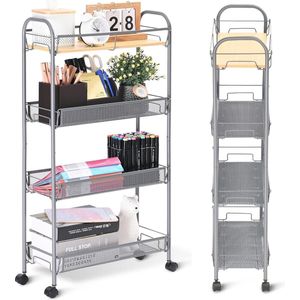 Keukentrolley met 4 niveaus, smalle rolwagen, inbouwplank op wielen, universele trolley voor kleine beperkte ruimtes, keuken, kantoor, badkamer, eenvoudige montage, grijs, 43,5 x